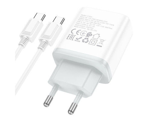 Мережевий зарядний пристрій HOCO C105A Stage dual port PD20W+QC3.0 charger set (Type-C to Type-C)(EU) White (6931474782922)