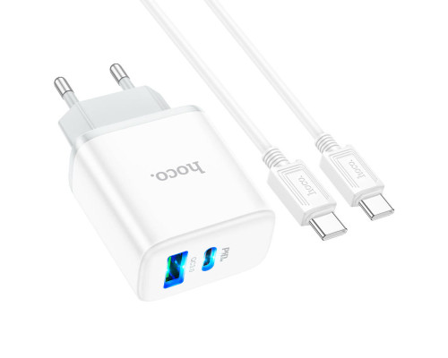 Мережевий зарядний пристрій HOCO C105A Stage dual port PD20W+QC3.0 charger set (Type-C to Type-C)(EU) White (6931474782922)