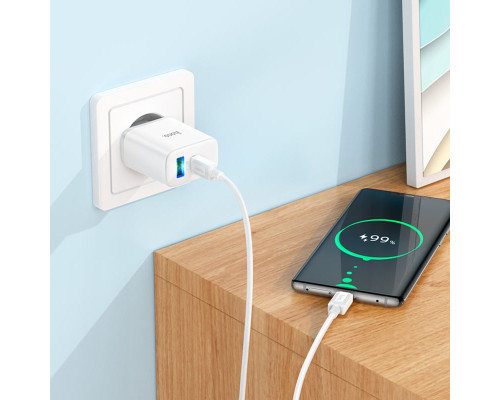 Мережевий зарядний пристрій HOCO C105A Stage dual port PD20W+QC3.0 charger set (Type-C to Type-C)(EU) White (6931474782922)