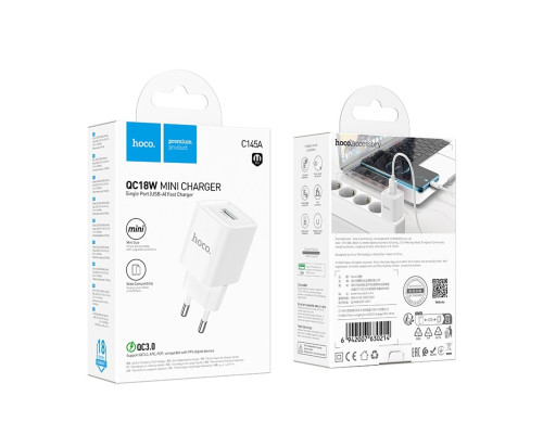 Мережевий зарядний пристрій HOCO C145A Charm single port QC3.0 charger (EU) White (6942007630214)