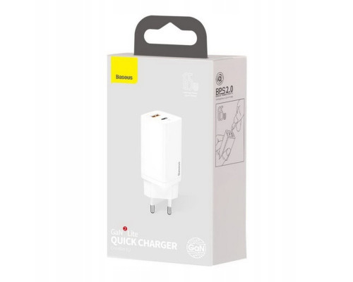 Мережевий зарядний пристрій Baseus GaN2 Lite Quick Charger C+U 65W EU White (CCGAN2L-B02)