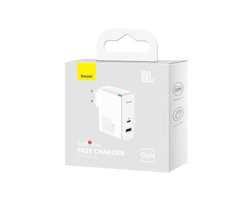 МЗП Baseus GaN5 Pro Fast Charger C+U 100W EU White (With Mini White Cable Type-C to Type-C 100W(20V/5A) 1m White） (CCGP090202)