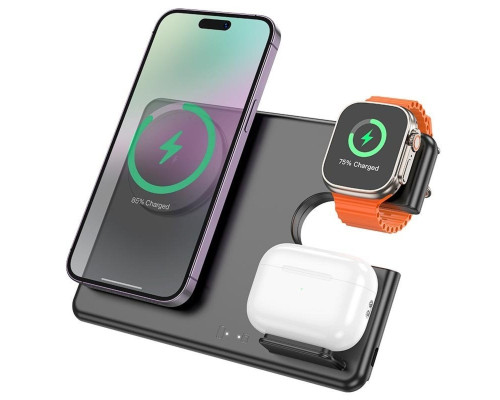 Бездротовий зарядний пристрій HOCO CQ1 Geek folding 3-in-1 magnetic wireless fast charger(for iWatch) Black (6942007602310)