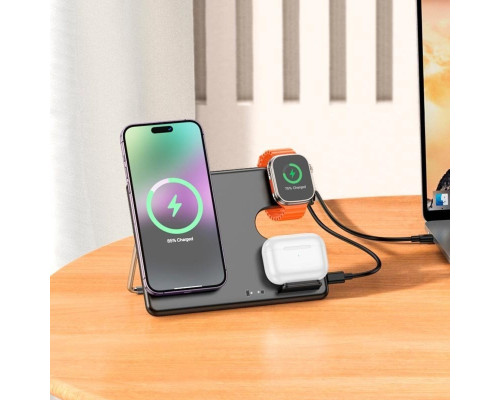 Бездротовий зарядний пристрій HOCO CQ1 Geek folding 3-in-1 magnetic wireless fast charger(for iWatch) Black (6942007602310)