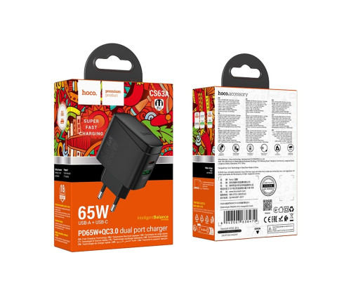 Мережевий зарядний пристрій HOCO CS63A Bright PD65W (1A1C) charger (EU) Black (6942007638470)