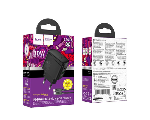 Мережевий зарядний пристрій HOCO CS61A Bright PD30W+QC3.0 charger set (C to iP)(EU) Black (6942007638432)
