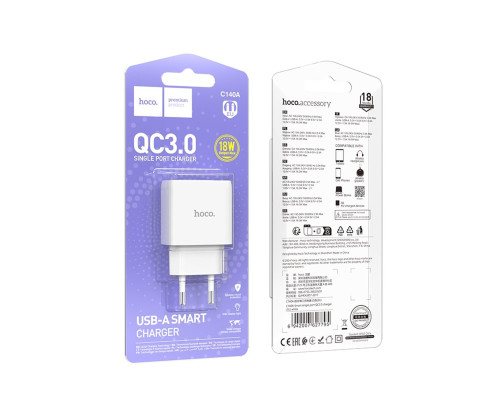 Мережевий зарядний пристрій HOCO C140A Smart single port QC3.0 charger (EU) White (6942007627795)