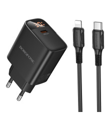 Мережевий зарядний пристрій BOROFONE BA97A Ilustre single-port PD30W charger with digital display set (C to iP) (EU) Black (6941991120497)