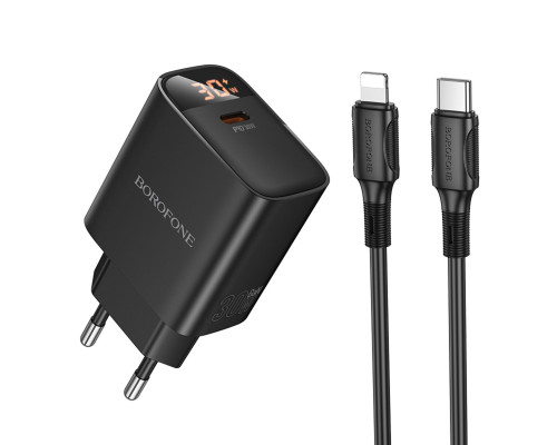 Мережевий зарядний пристрій BOROFONE BA97A Ilustre single-port PD30W charger with digital display set (C to iP) (EU) Black (6941991120497)