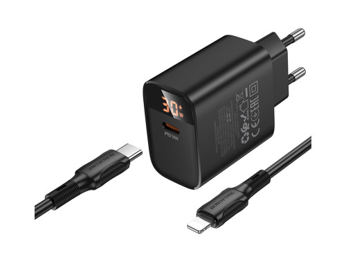 Мережевий зарядний пристрій BOROFONE BA97A Ilustre single-port PD30W charger with digital display set (C to iP) (EU) Black (6941991120497)