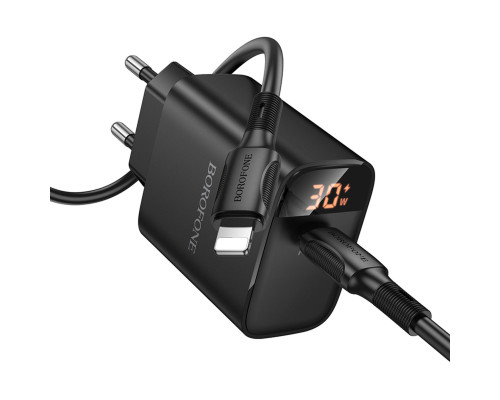 Мережевий зарядний пристрій BOROFONE BA97A Ilustre single-port PD30W charger with digital display set (C to iP) (EU) Black (6941991120497)