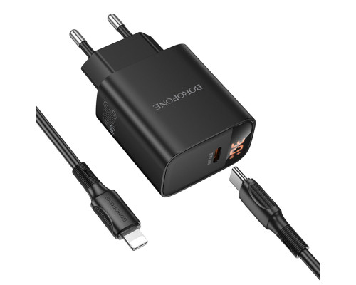 Мережевий зарядний пристрій BOROFONE BA97A Ilustre single-port PD30W charger with digital display set (C to iP) (EU) Black (6941991120497)