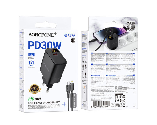 Мережевий зарядний пристрій BOROFONE BA97A Ilustre single-port PD30W charger with digital display set (C to iP) (EU) Black (6941991120497)