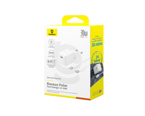 Мережевий зарядний пристрій Baseus Palm Fast Charger 1C 30W EU Moon White(With:Baseus Mini White Cable Type-C to Type-C 60W(20V/3A) 1m Moon White) (P10111605213-01)