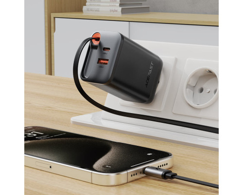 Мережевий зарядний пристрій ACEFAST A111 PD67W GaN charger(2*USB-C+USB-A) with retractable cable Black (6974316284062)