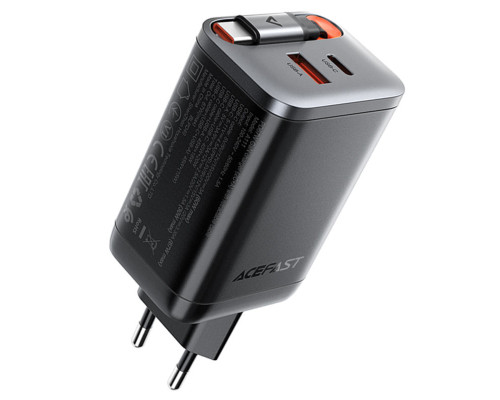 Мережевий зарядний пристрій ACEFAST A111 PD67W GaN charger(2*USB-C+USB-A) with retractable cable Black (6974316284062)