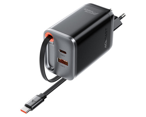 Мережевий зарядний пристрій ACEFAST A111 PD67W GaN charger(2*USB-C+USB-A) with retractable cable Black (6974316284062)