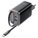 Мережевий зарядний пристрій ACEFAST A111 PD67W GaN charger(2*USB-C+USB-A) with retractable cable Black (6974316284062)