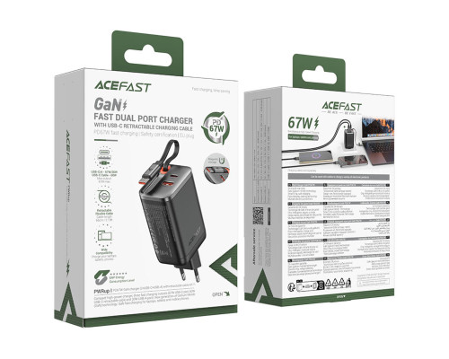 Мережевий зарядний пристрій ACEFAST A111 PD67W GaN charger(2*USB-C+USB-A) with retractable cable Black (6974316284062)