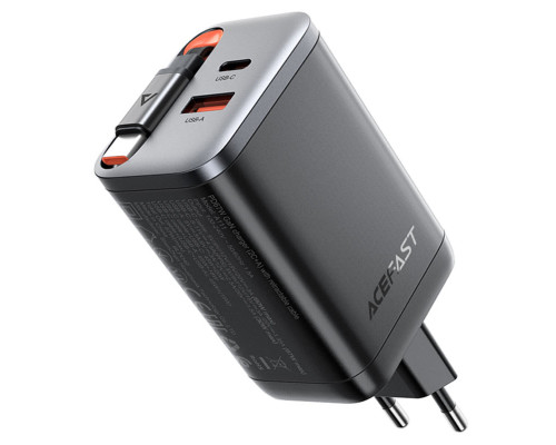 Мережевий зарядний пристрій ACEFAST A111 PD67W GaN charger(2*USB-C+USB-A) with retractable cable Black (6974316284062)