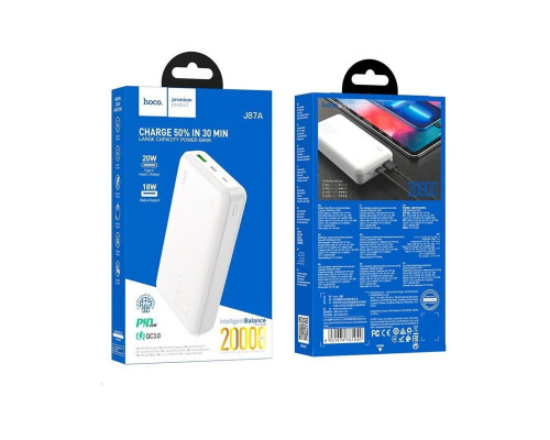 Зовнішній акумулятор HOCO J87A Tacker PD20W+QC3.0 power bank(20000mAh) White (6931474761040)