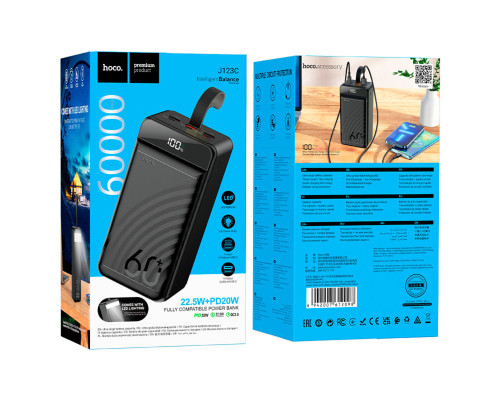 Зовнішній акумулятор HOCO J123C Element 22.5W+PD20W fully compatible power bank with digital display(60000mAh) Black (6942007612098)