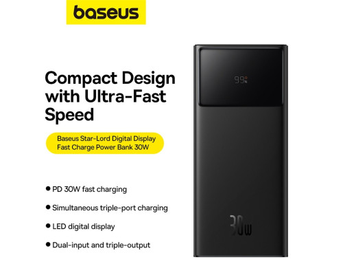 Зовнішній акумулятор Baseus Star-Lord Digital Display Fast Charging Power Bank 30000mAh 30W Cluster Black（With Simple Series Charging Cable USB to Typ (P10022905113-00)