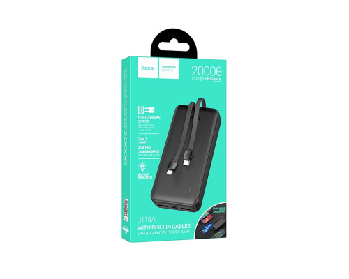 Зовнішній акумулятор HOCO J118A Speed energy power bank with cable(20000mAh) Black (6942007608060)