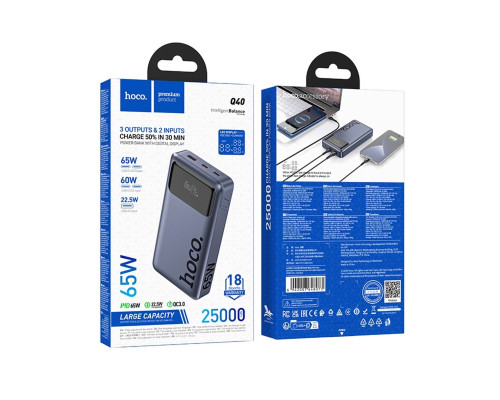 Зовнішній акумулятор HOCO Q40 Leader PD65W power bank with digital display dark (25000mAh) Metal Gray (6942007648073)