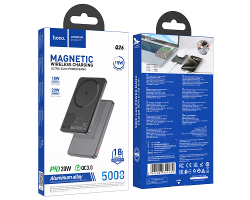 Зовнішній акумулятор HOCO Q26 Joy PD20W magnetic fast charging power bank(5000mAh) metal gray (6942007624039)