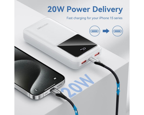 Зовнішній акумулятор Vention 20000mAh Power Bank (Micro-USB + USB-C + USB-A + USB-A) 22.5W White LED Display Type (FHLW0)