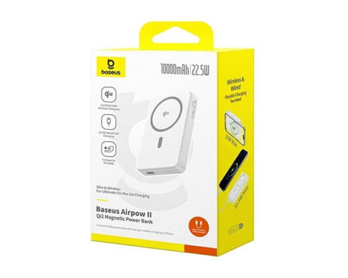 Зовнішній акумулятор Baseus Airpow Ⅱ Qi2 Magnetic Power Bank 10000mAh 22.5W Moon White（With Simple Series Charging Cable Type-C to Type-C（20V/3A）30cm (P10080000213-00)