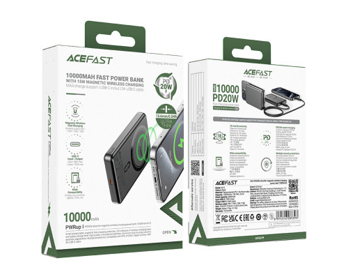 Зовнішній акумулятор ACEFAST M12 PD20W ultra-thin magnetic wireless charging power bank 10000mAh, Black (6974316283393)
