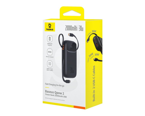 Зовнішній акумулятор Baseus QPow 2 Digital Display Fast-Charging Power Bank with 2 Built-in Type-C Cable 20000mAh 30W Cluster Black (P10055009113-00)